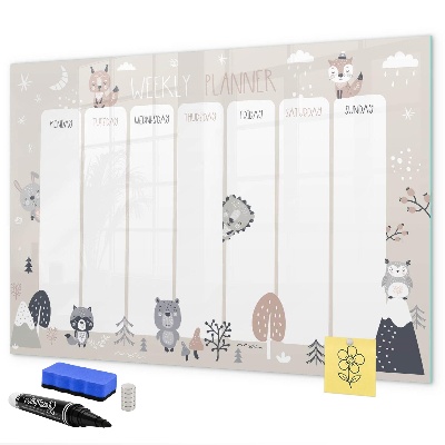 Pizarra magnética de pared con rotulador Agenda semanal con animales adorables