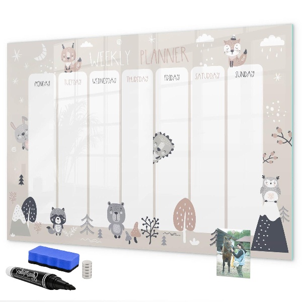 Pizarra magnética de pared con rotulador Agenda semanal con animales adorables
