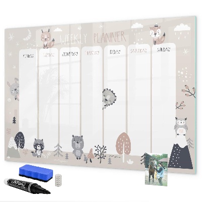 Pizarra magnética de pared con rotulador Agenda semanal con animales adorables