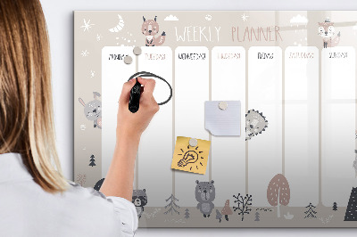 Pizarra magnética de pared con rotulador Agenda semanal con animales adorables