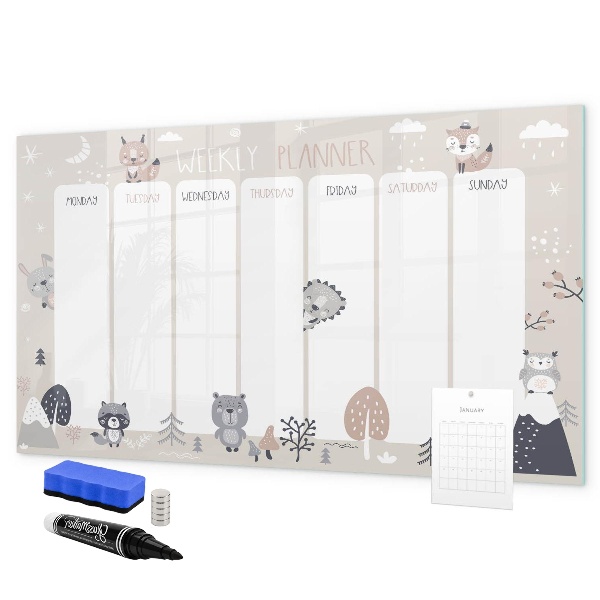 Pizarra magnética de pared con rotulador Agenda semanal con animales adorables