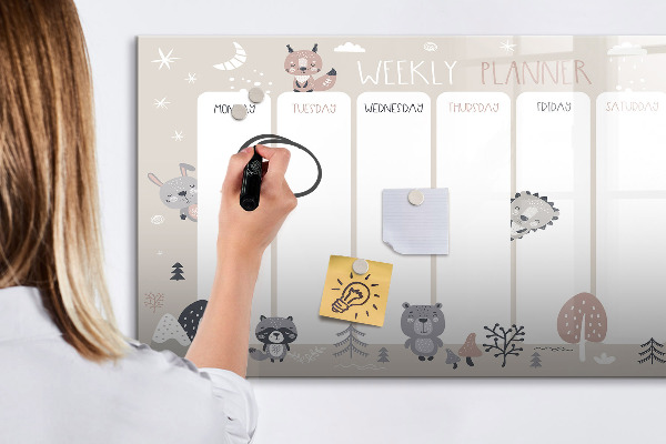 Pizarra magnética de pared con rotulador Agenda semanal con animales adorables