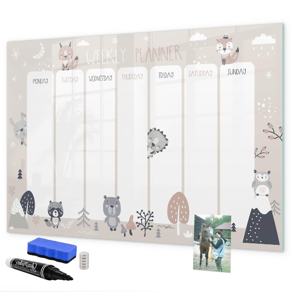 Pizarra magnética de pared con rotulador Agenda semanal con animales adorables