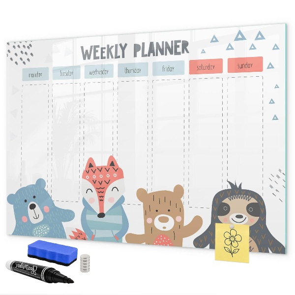 Pizarra magnética de pared con rotulador Agenda semanal con animales adorables