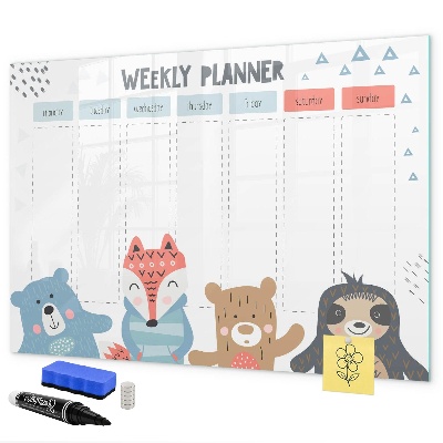 Pizarra magnética de pared con rotulador Agenda semanal con animales adorables