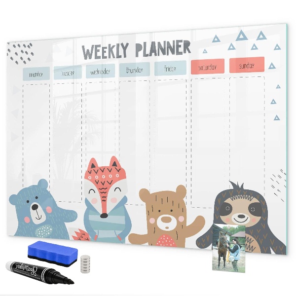 Pizarra magnética de pared con rotulador Agenda semanal con animales adorables