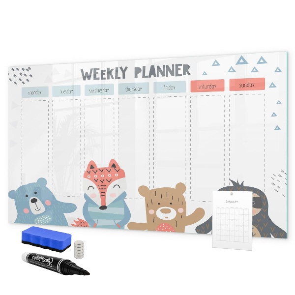 Pizarra magnética de pared con rotulador Agenda semanal con animales adorables