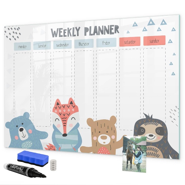 Pizarra magnética de pared con rotulador Agenda semanal con animales adorables