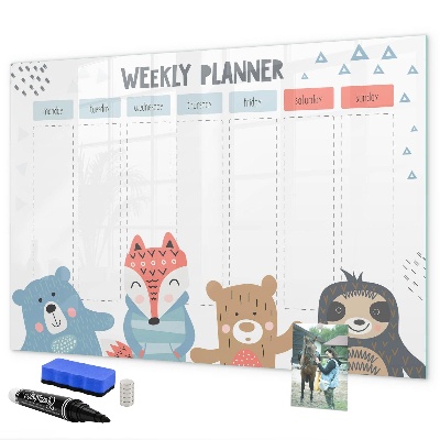 Pizarra magnética de pared con rotulador Agenda semanal con animales adorables