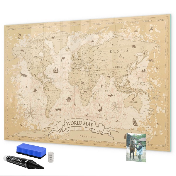 Pizarra borrable de cristal con imanes Mapa del mundo con fotos y accesorios