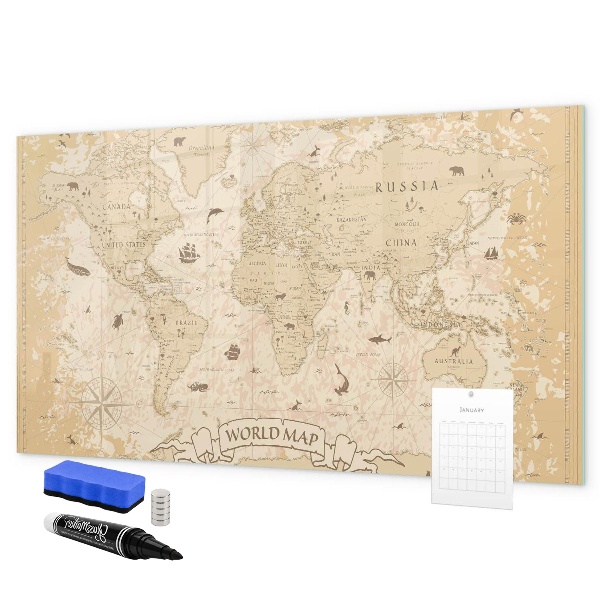 Pizarra borrable de cristal con imanes Mapa del mundo con fotos y accesorios