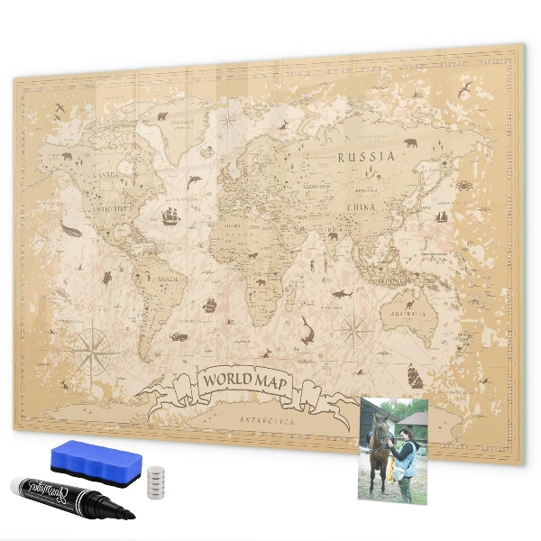 Pizarra borrable de cristal con imanes Mapa del mundo con fotos y accesorios