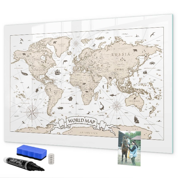 Pizarra magnética de pared con rotulador Mapa del mundo con ubicaciones de fotos
