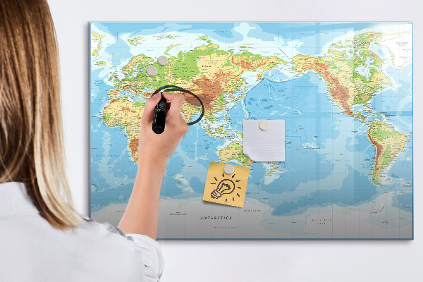 Pizarra borrable de cristal con imanes Mapa del mundo con fotos y accesorios