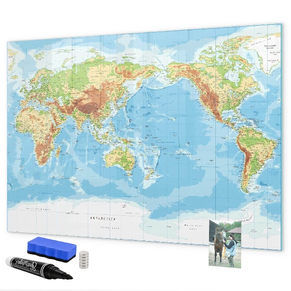 Pizarra borrable de cristal con imanes Mapa del mundo con fotos y accesorios