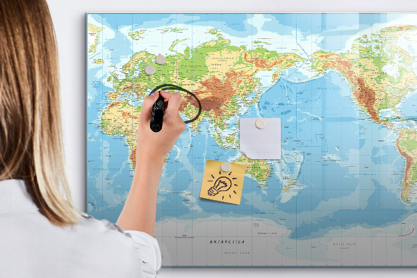 Pizarra borrable de cristal con imanes Mapa del mundo con fotos y accesorios