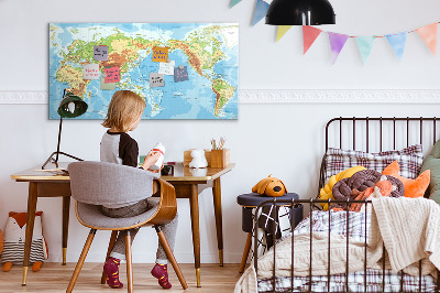Pizarra borrable de cristal con imanes Mapa del mundo con fotos y accesorios