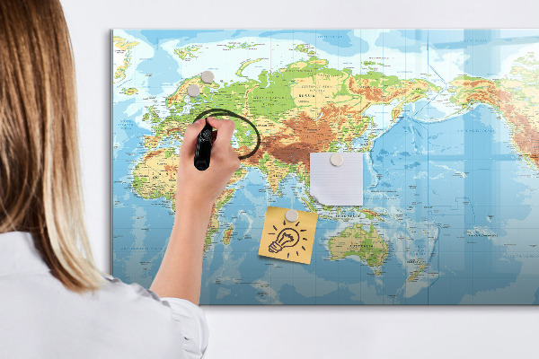 Pizarra borrable de cristal con imanes Mapa del mundo con fotos y accesorios