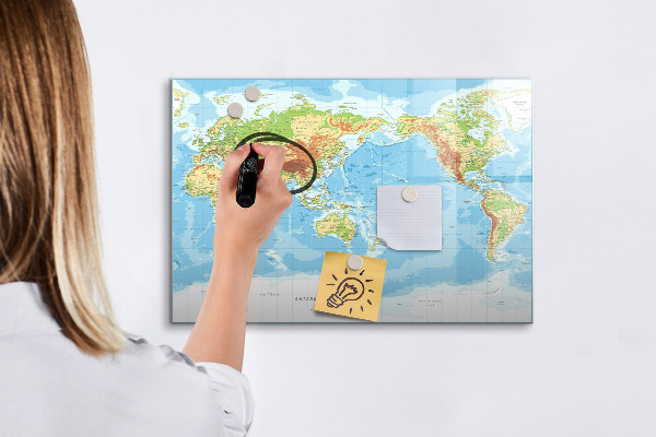 Pizarra borrable de cristal con imanes Mapa del mundo con fotos y accesorios