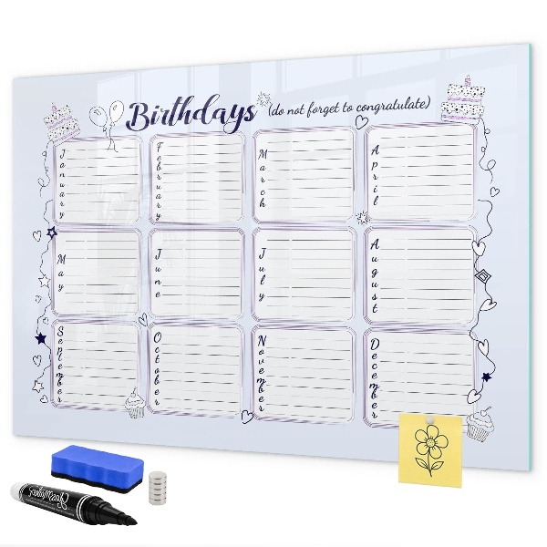 Pizarra borrable de cristal con imanes Calendario de cumpleaños con espacio para fotos