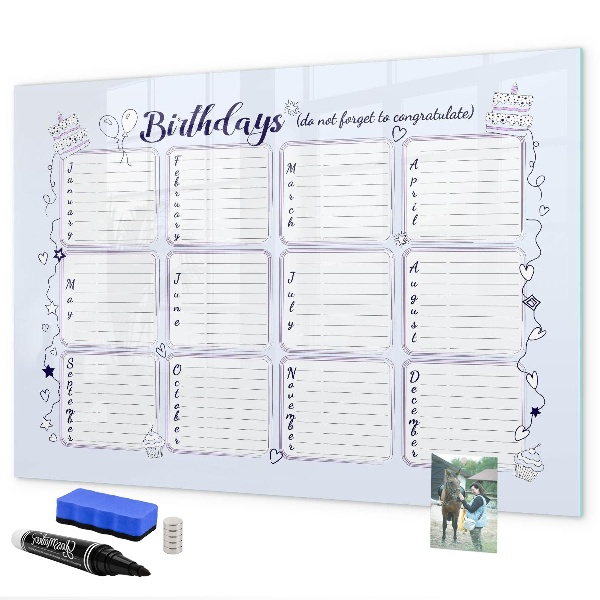 Pizarra borrable de cristal con imanes Calendario de cumpleaños con espacio para fotos