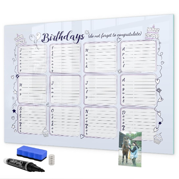 Pizarra borrable de cristal con imanes Calendario de cumpleaños con espacio para fotos