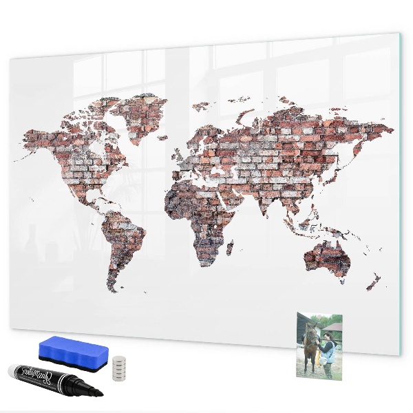 Pizarra borrable de cristal con imanes Mapa del mundo con ubicaciones de fotos