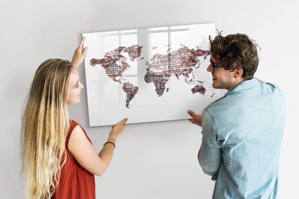 Pizarra borrable de cristal con imanes Mapa del mundo con ubicaciones de fotos
