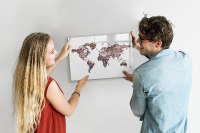 Pizarra borrable de cristal con imanes Mapa del mundo con ubicaciones de fotos