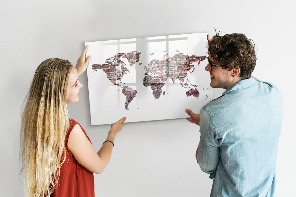Pizarra borrable de cristal con imanes Mapa del mundo con ubicaciones de fotos