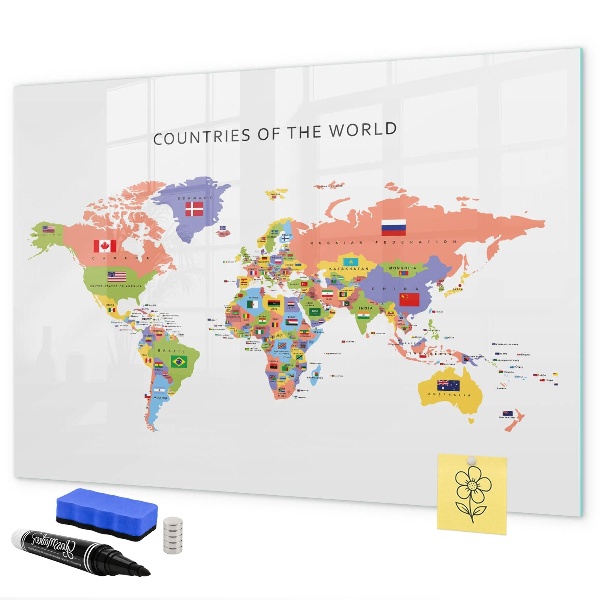 Pizarra borrable de cristal con imanes Mapa del mundo con lugares para marcar.