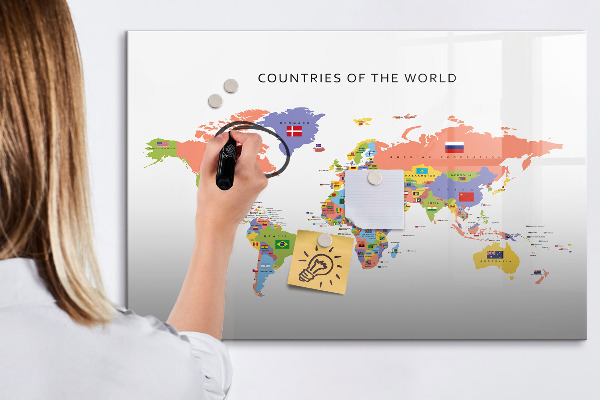 Pizarra borrable de cristal con imanes Mapa del mundo con lugares para marcar.