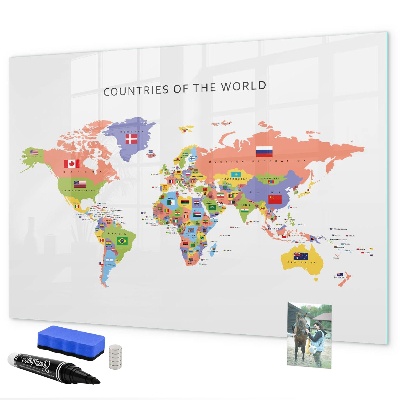 Pizarra borrable de cristal con imanes Mapa del mundo con lugares para marcar.
