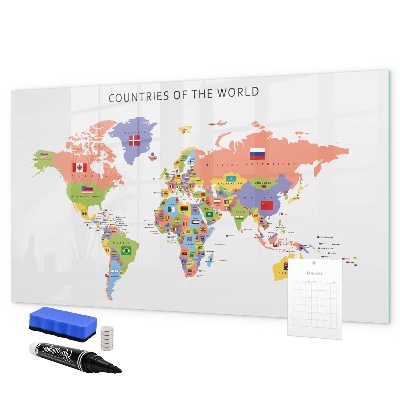 Pizarra borrable de cristal con imanes Mapa del mundo con lugares para marcar.