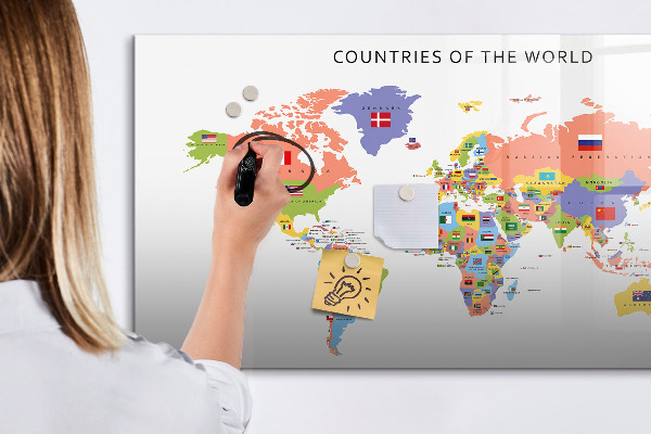 Pizarra borrable de cristal con imanes Mapa del mundo con lugares para marcar.