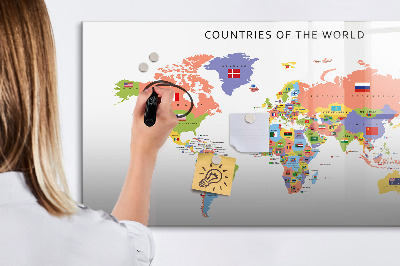 Pizarra borrable de cristal con imanes Mapa del mundo con lugares para marcar.