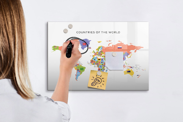 Pizarra borrable de cristal con imanes Mapa del mundo con lugares para marcar.