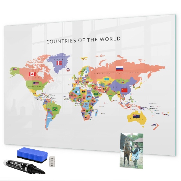 Pizarra borrable de cristal con imanes Mapa del mundo con lugares para marcar.