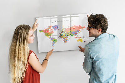 Pizarra borrable de cristal con imanes Mapa del mundo con lugares para marcar.