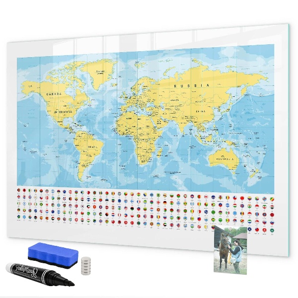 Pizarra borrable de cristal con imanes Un mapa del mundo para la personalización y los recuerdos.
