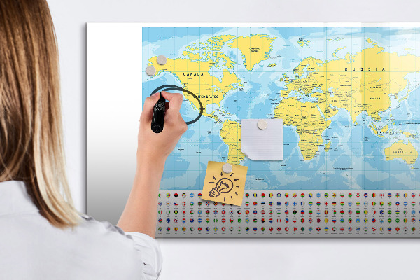 Pizarra borrable de cristal con imanes Un mapa del mundo para la personalización y los recuerdos.