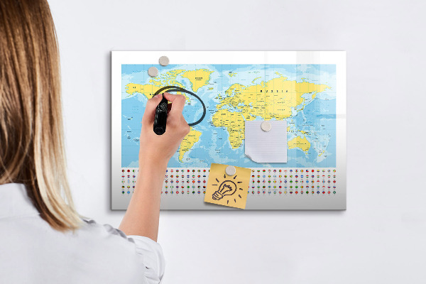 Pizarra borrable de cristal con imanes Un mapa del mundo para la personalización y los recuerdos.