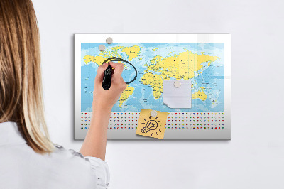 Pizarra borrable de cristal con imanes Un mapa del mundo para la personalización y los recuerdos.