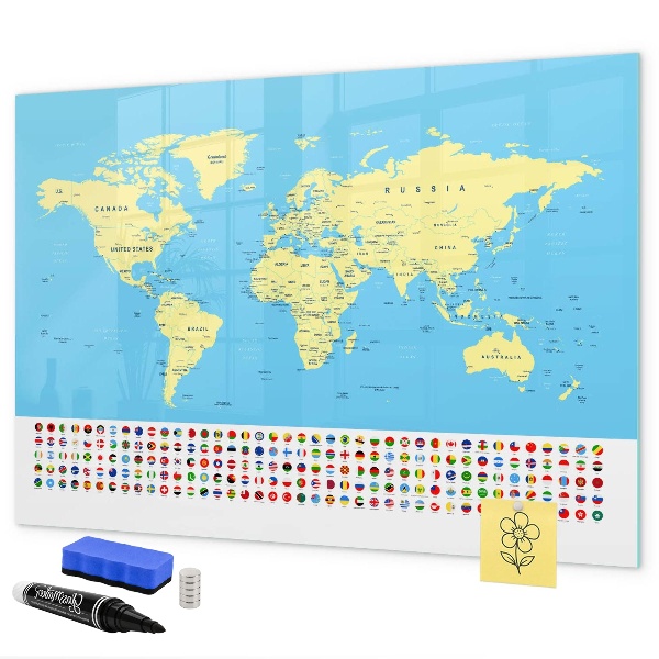 Pizarra magnética de pared con rotulador Mapa del mundo con ubicaciones de fotos