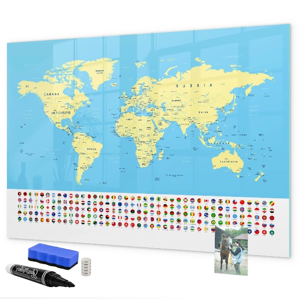 Pizarra magnética de pared con rotulador Mapa del mundo con ubicaciones de fotos