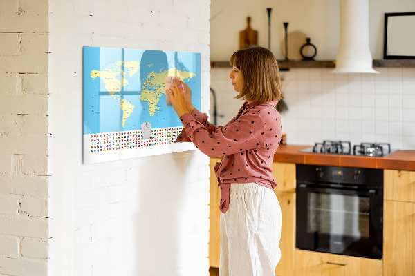 Pizarra magnética de pared con rotulador Mapa del mundo con ubicaciones de fotos