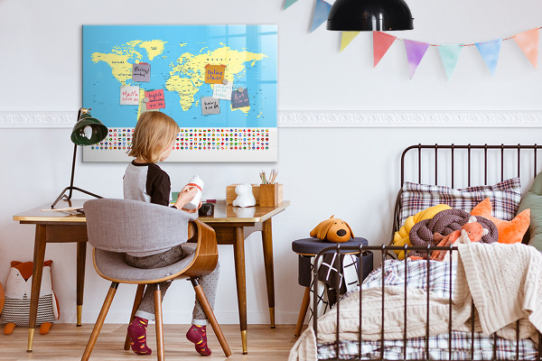 Pizarra magnética de pared con rotulador Mapa del mundo con ubicaciones de fotos