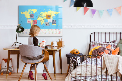Pizarra magnética de pared con rotulador Mapa del mundo con ubicaciones de fotos