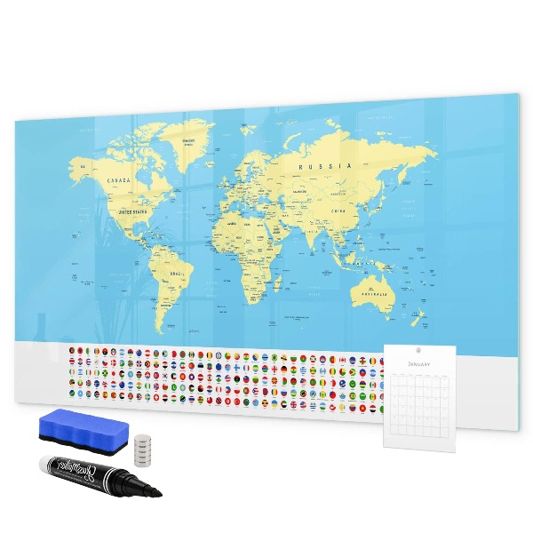 Pizarra magnética de pared con rotulador Mapa del mundo con ubicaciones de fotos