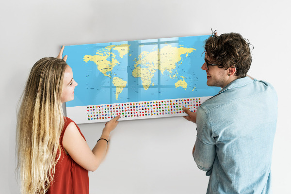 Pizarra magnética de pared con rotulador Mapa del mundo con ubicaciones de fotos